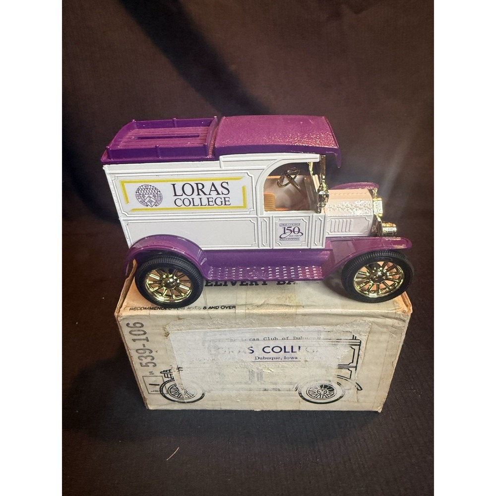 ERTL Metal Die Cast Bank Loras College 1913 Model T Delivery Truck W/Key Purple